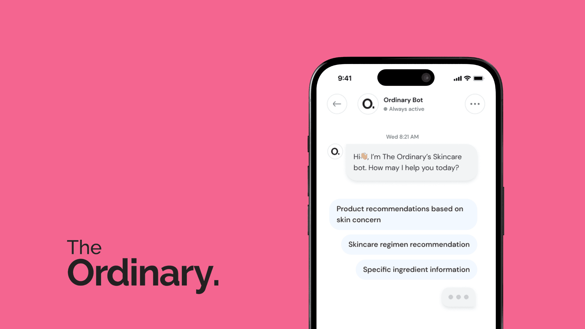 The Ordinary skincare chatbot on a pink background