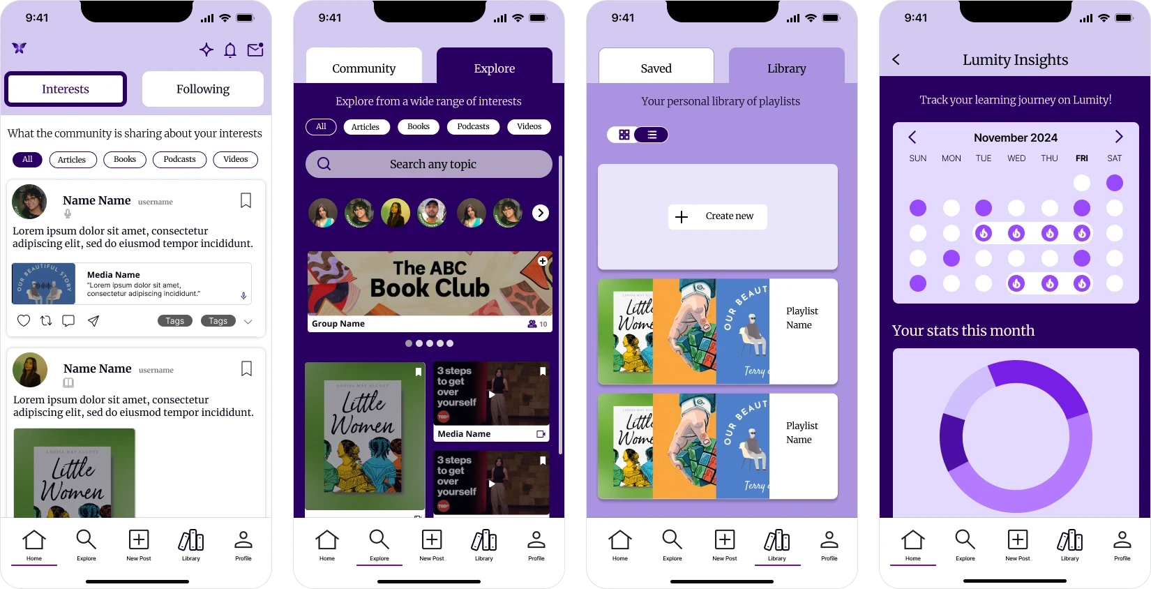 Lumity redesigned screens: Home, Explore, Library, Insights